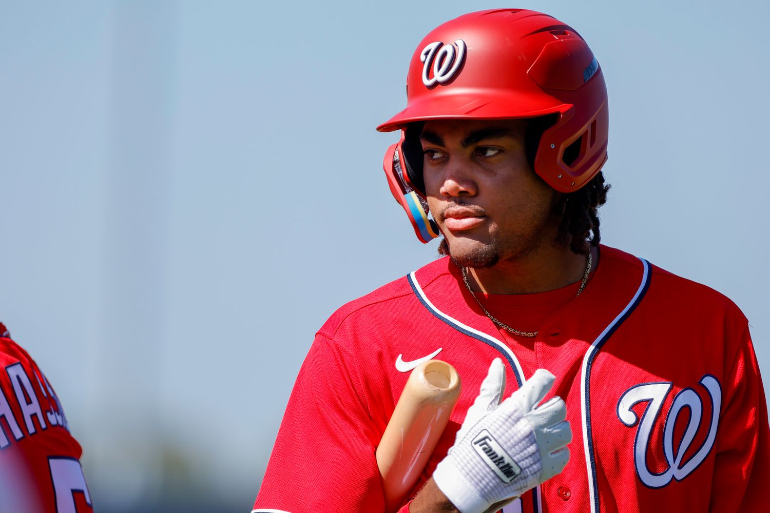Feb 20, 2023; West Palm Beach, FL, USA; Washington Nationals outfielder James Wood (20) looks on during a spring training workout at The Ballpark of the Palm Beaches.